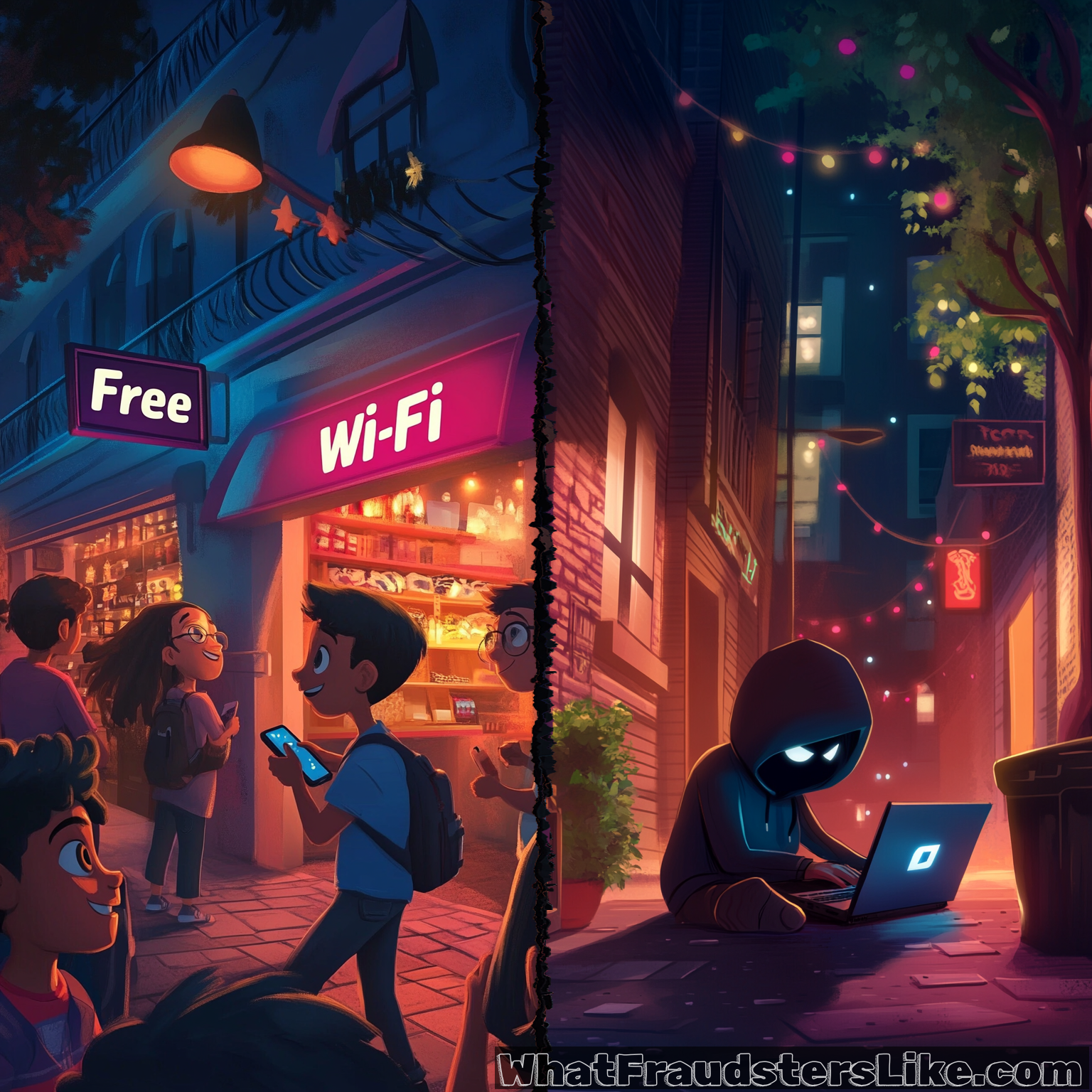 The image is divided vertically: on the left, people gather outside a "Free Wi-Fi" shop in a brightly lit street, while on the right, a hooded figure with glowing eyes sits alone in a dark alley, illicitly using a laptop under string lights.